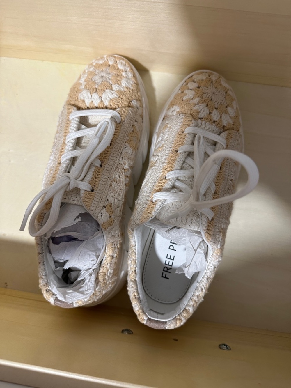 Free People Cream & White Crochet Lace-Up Sneakers